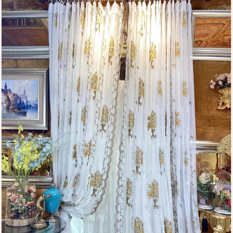 European Elegant Yellow Embroidery Tulle Curtains for Living Dining Room Bedroom - White Ladder Rope Translucidus