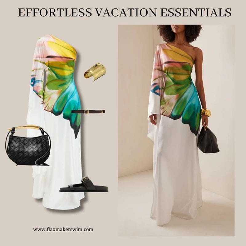 Women Elegant Satin Dress 2025 Oblique Shoulder Papillon Print Dress Maxi Sundress Casual Vintage Printed Loose Long Robe