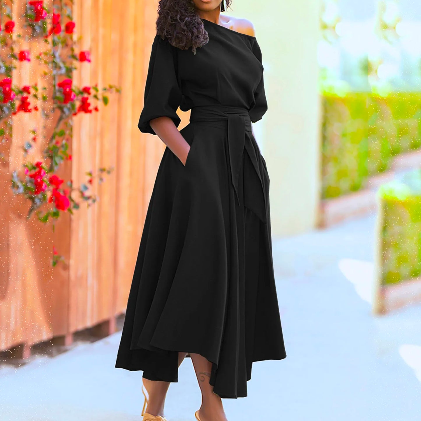 A-Line One Shoulder Women's Formal Dress With Belt Elegant Slim Solid