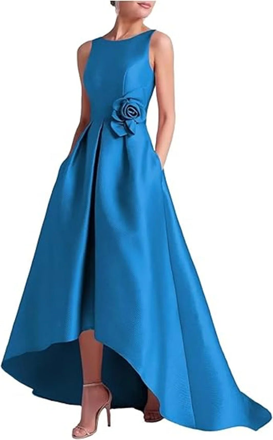Customized High Low Satin Dresses Wedding Guest Mother of the Bride With Pocket Sleeveless Party Evening Gown