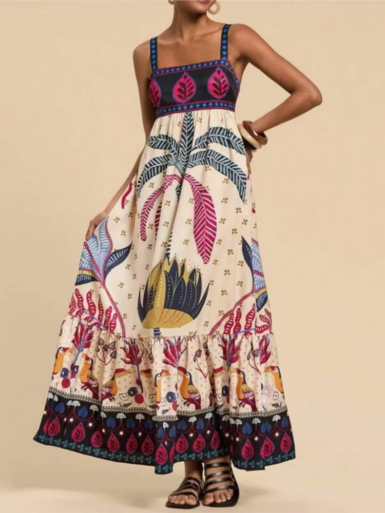 Women's Elegant Print Summer Dress Spaghetti Strap Vacation Party Dress