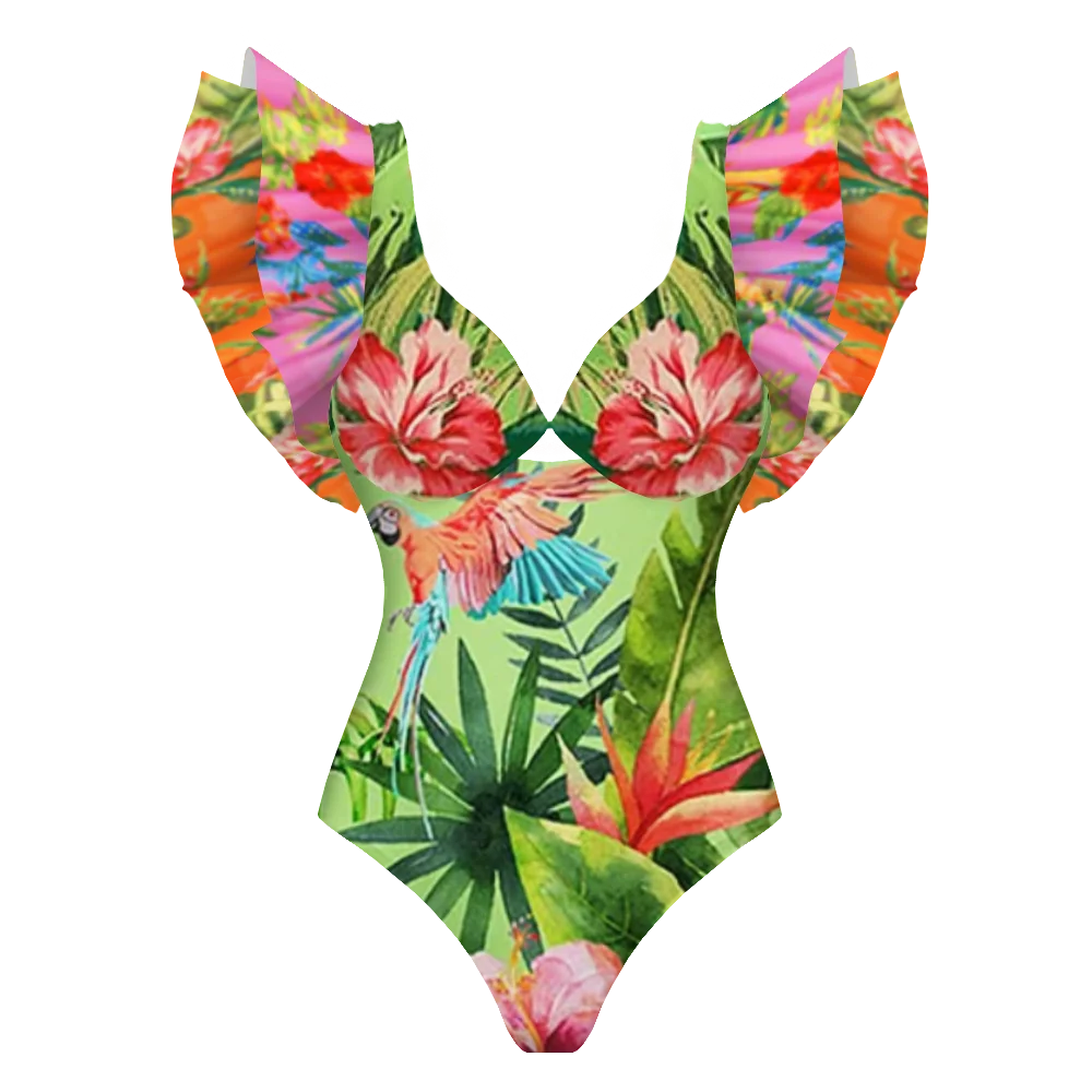 2-Piece Shoulder Ruffle Swimsuit With Cover Up Sexy Beachwear