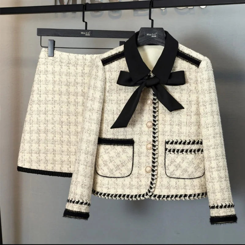Women Elegant Winter Tweed Fragrant Suit Jacket Coat Top & Skirt Two Piece Set
