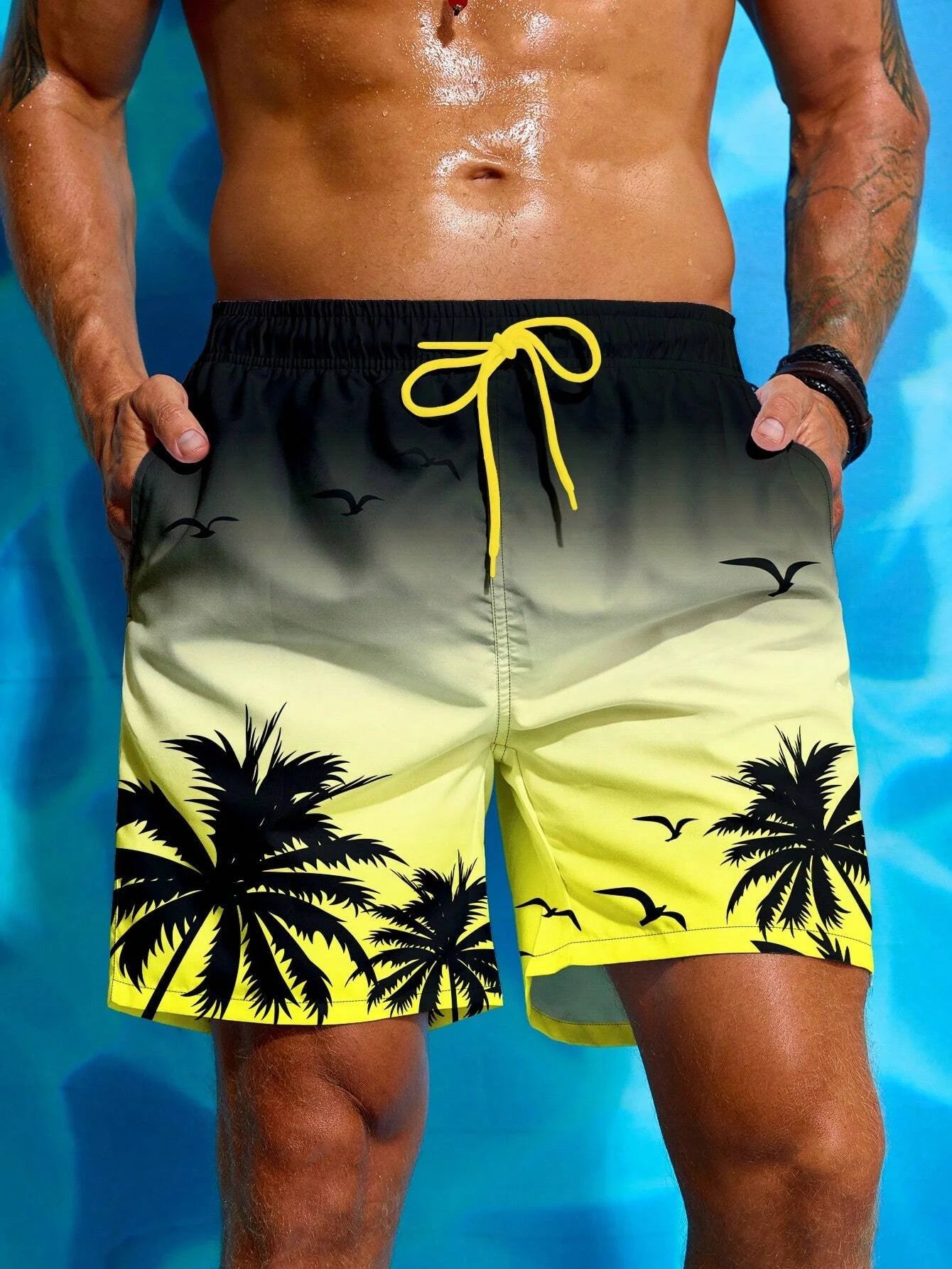 Men's Palm Tree 3D Printed Drawstring Swimming Breathable Shorts
