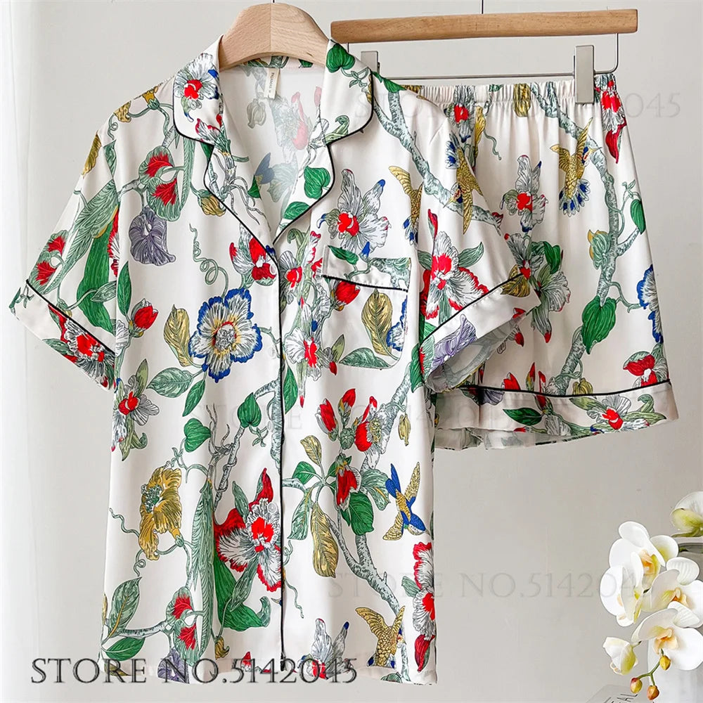 Silk Satin Print Long Sleeve Pajamas Suit Women Sleepwear Set