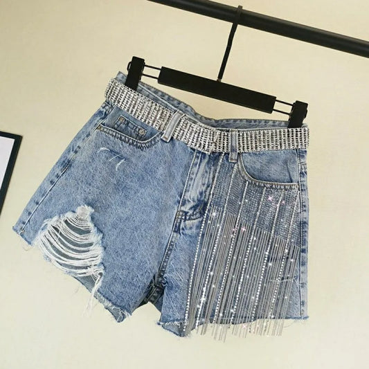 Europe America Style Shorts High Waist Wide Legs Denim Shorts Rhinestones Tassels