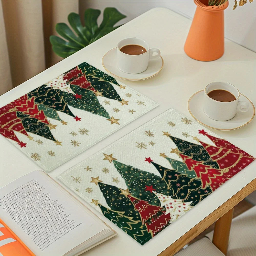 4/6/8/10Pcs Christmas Tree Printed Placemats, Washable Kitchen Table Mats, Christmas Decorative Placemats