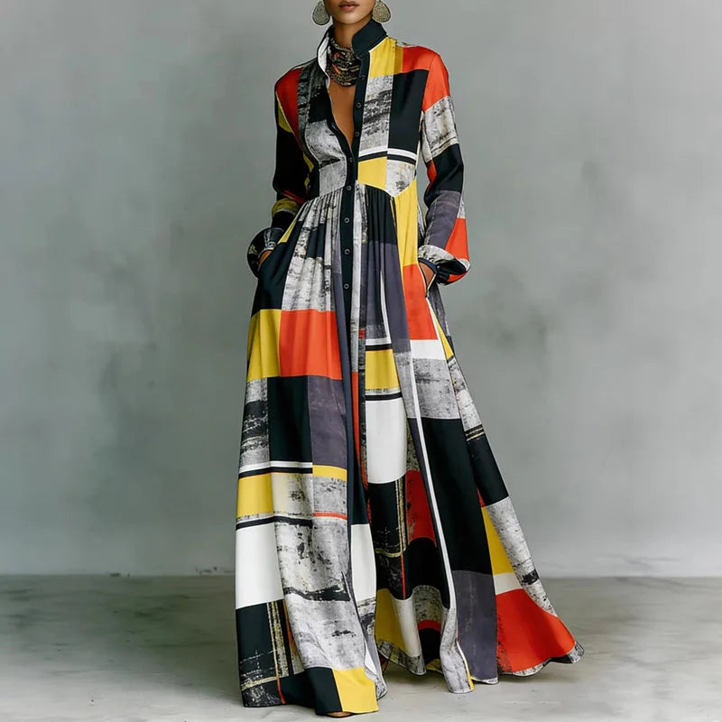 Retro Pattern Print High Waist Pleated Women Boho Dress Spring Shirt Collar Button Pockets Maxi Dress Long Sleeve