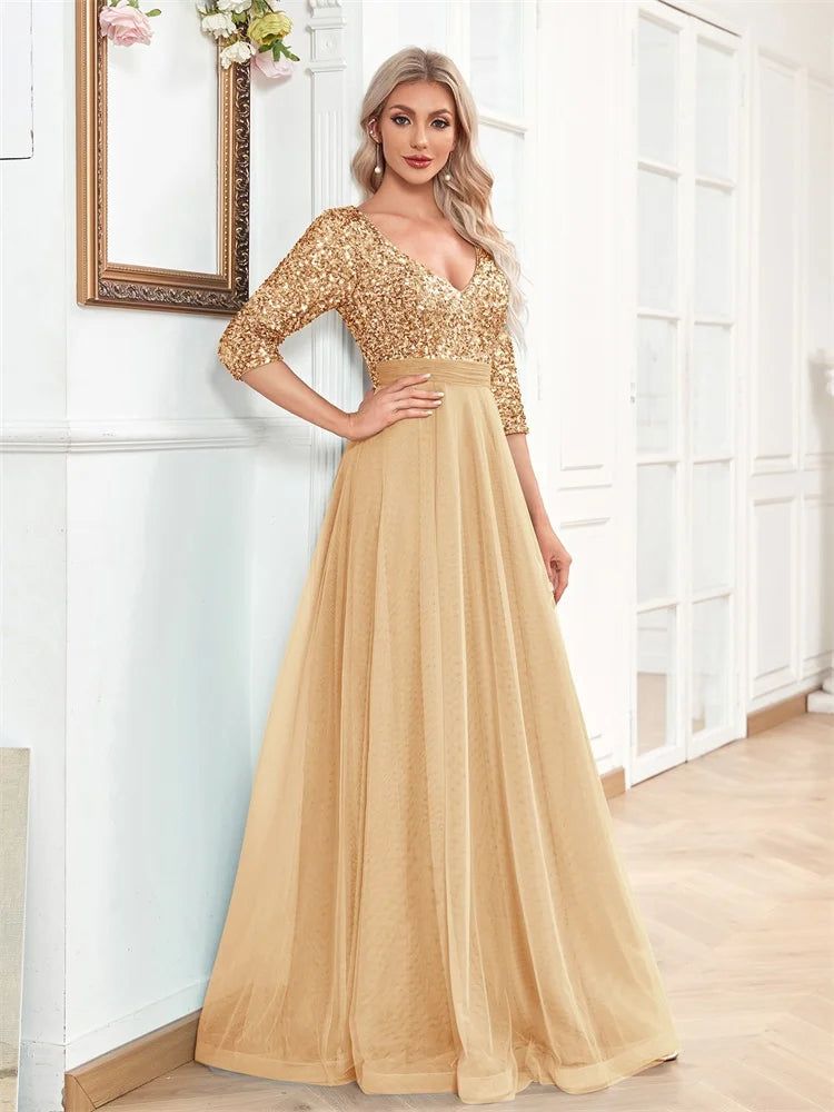 Luxury Floor Length V-Neck Evening Dress Party Maxi Dress Sequin Short Sleeves Prom Cocktail Gown