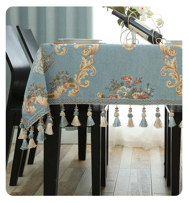 Luxury Jacquard Tablecloth with Tassel Pendant Chenille Fabric Rectangular Table Cover European Living Room Coffee Table Cloth