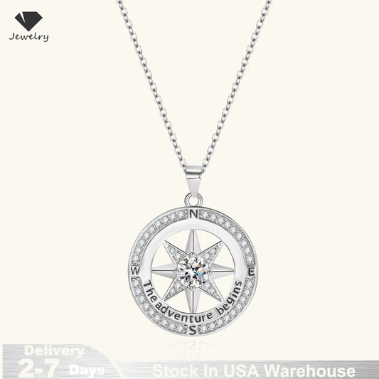 925 Sterling Silver Necklace Compass Necklace with Cubic Zirconia Stone for Women High Quality Jewelry