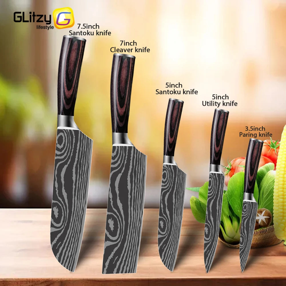 Damascus Laser Steel Kitchen Chef Knives with Shear Cutter and Wooden Handle