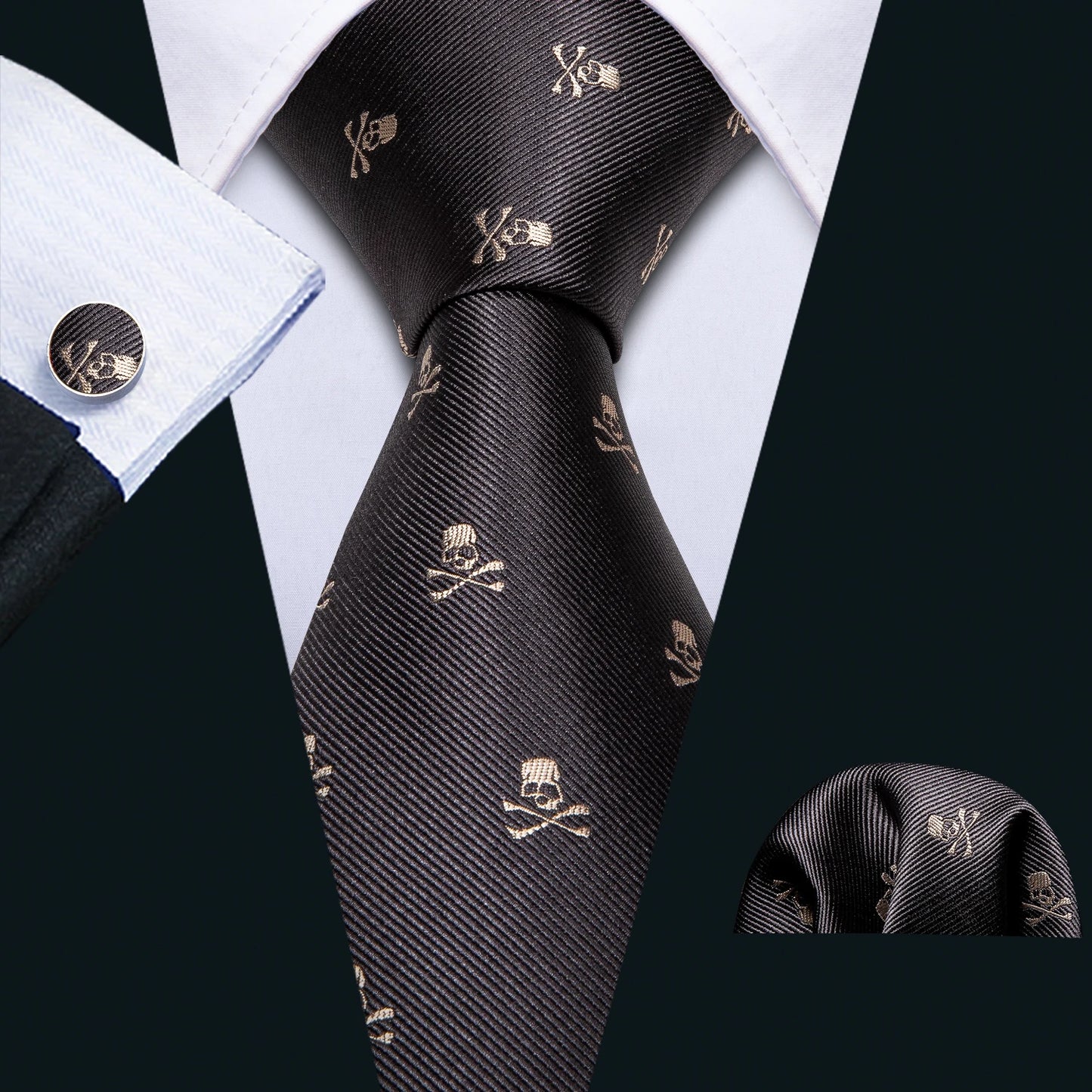 Business Black Silk Ties For Men Classic Solid High Quality Woven Pocket Square Cufflinks Sets Party Formal Designer Barry Wang