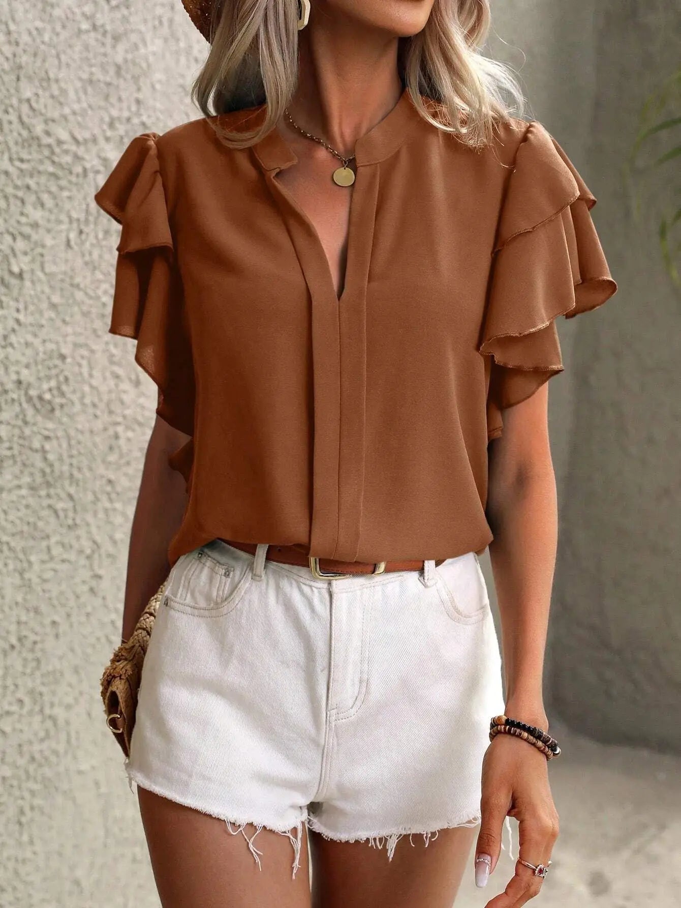 Elegant Women Summer Blouse V-neck Casual Double Layered Ruffle Sleeves