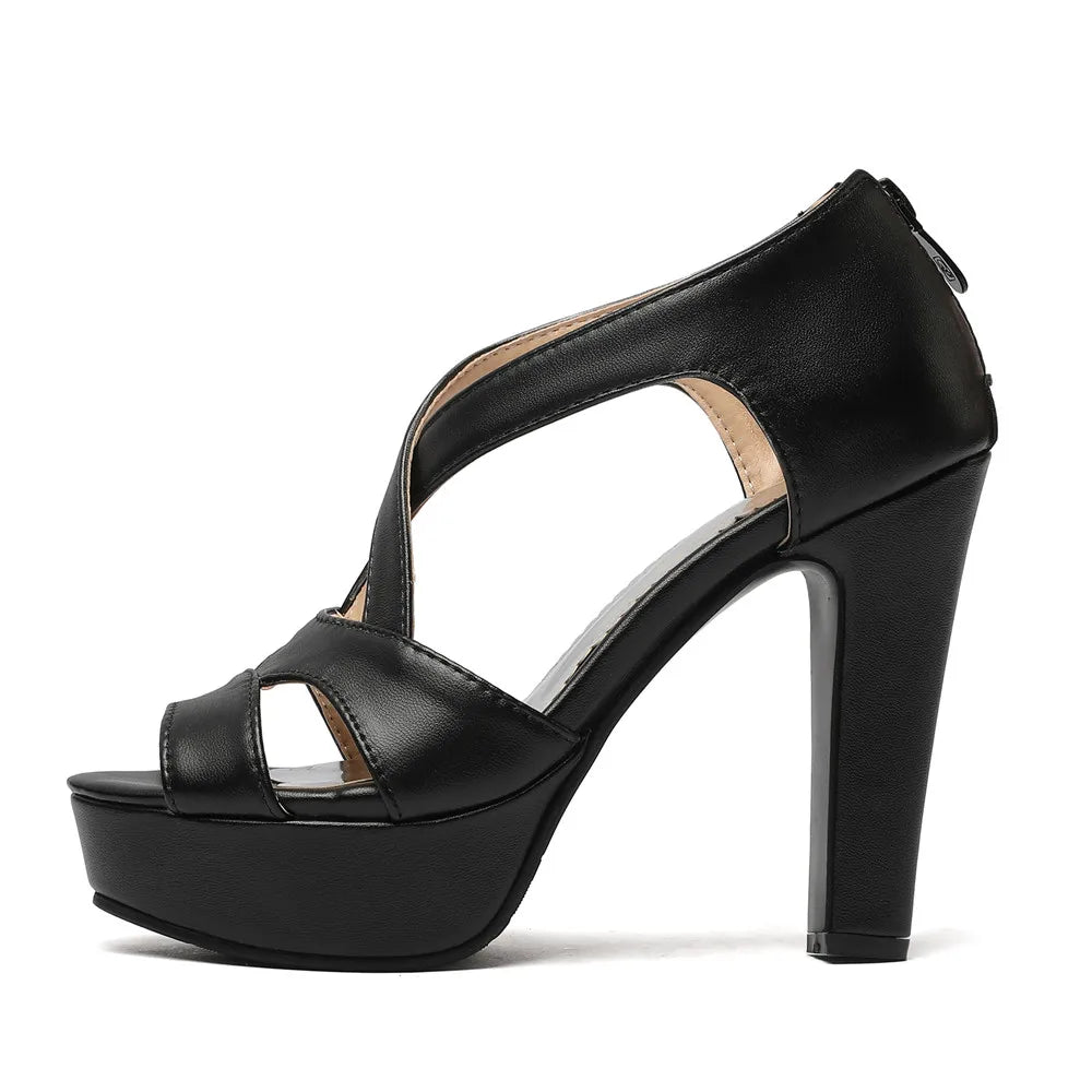 Women Sandals Zipper Ankle Strap Cross Tied High Heels Platform Shoes