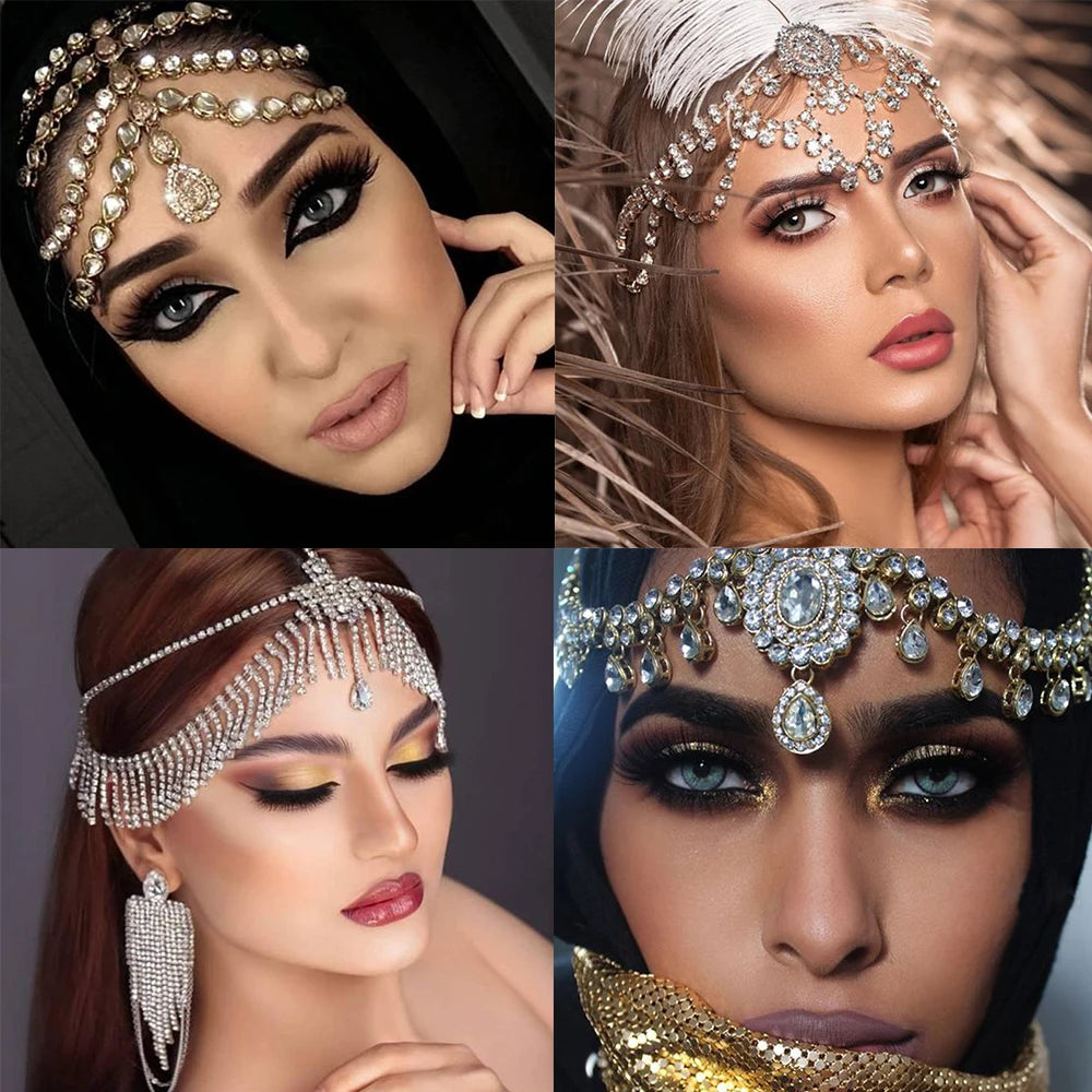 Vintage Rhinestone Head Chain Forehead Headband Indian African Bohemian Hair Accessories Crystal Fringe Tiara Headdress