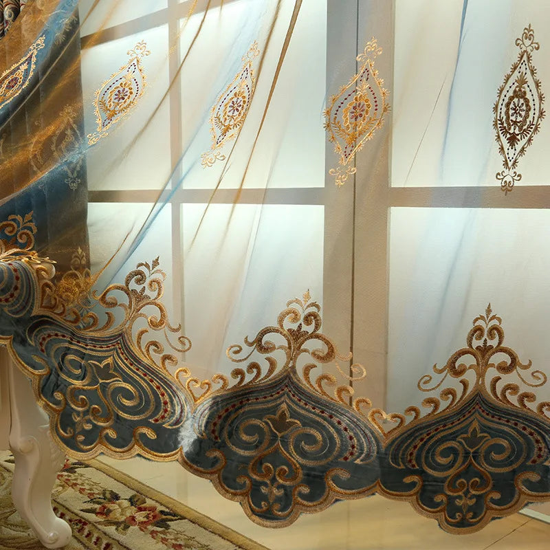 Blue Chenille European Embroidery Curtains Custom Size Retro Print Luxury Light Control for Living Room Bedroom Dining