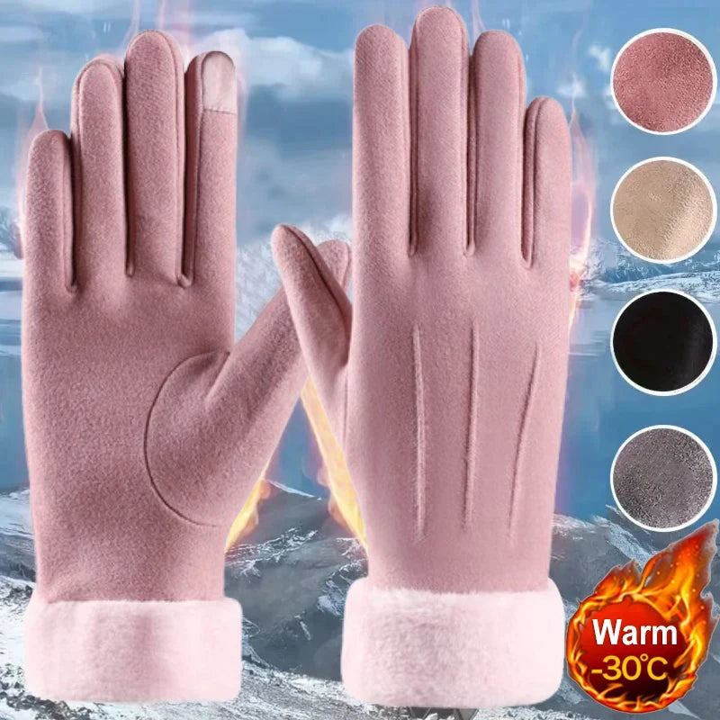 Women Winter Warm Suede Gloves Plus Velvet Thickened Cuff Outdoor Coldproof Touchscreen Riding Ski Gloves