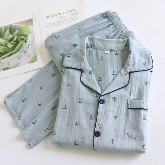 100% Cotton Gauze Men's Pajama Set Breathable Long Sleeve Sleepwear Button Down Loungewear with Nautical Print Soft Homewear