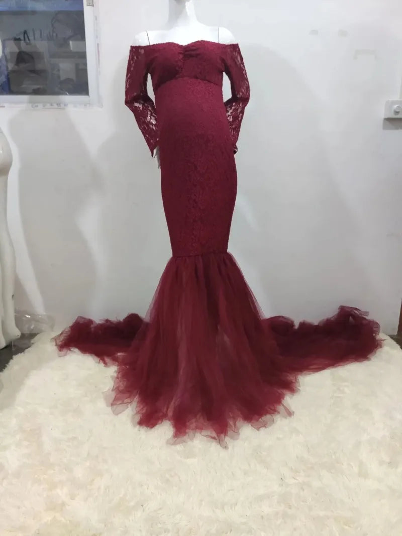 Sexy Lace Off shoulder Pregnancy Dress Photography Props Maxi Gown