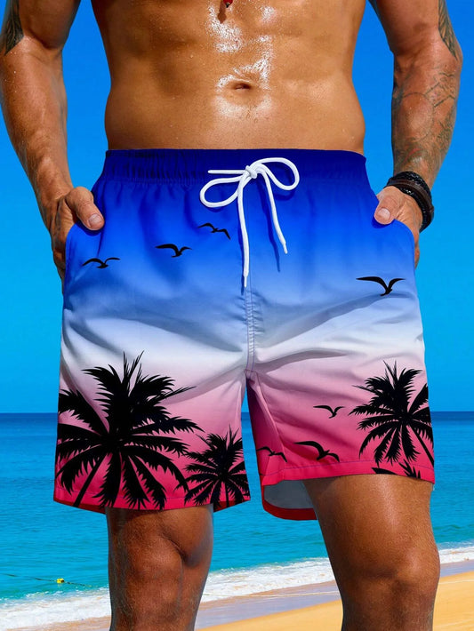 Men's Palm Tree 3D Printed Drawstring Swimming Breathable Shorts