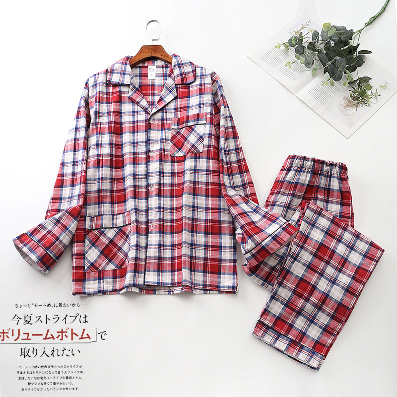 Spring Autumn Winter Long-sleeved Men's Trousers Pajama Set Suits Brushed Cloth Cotton Plaid