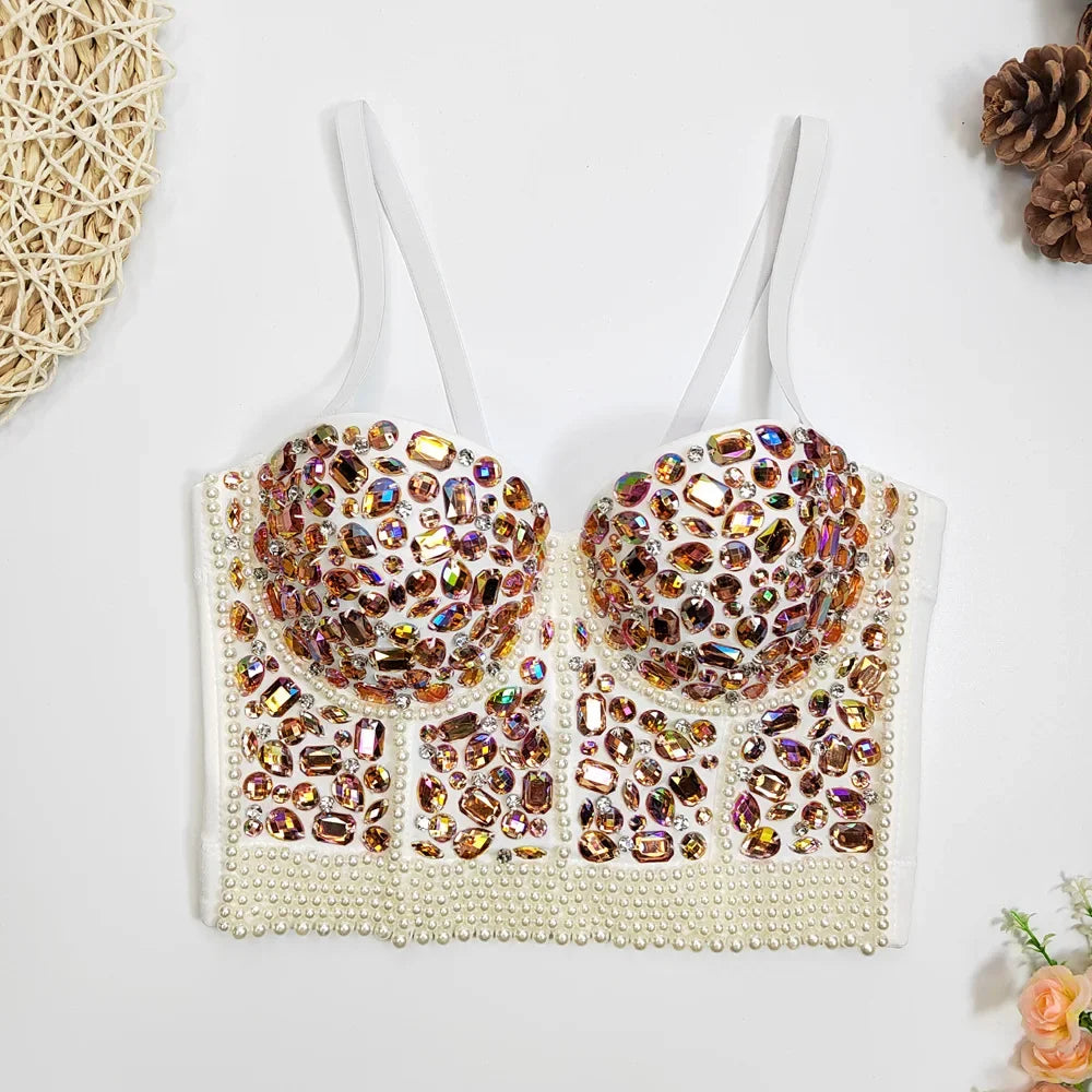 Women Rhinestone Diamond Tank Top Push Up Bustier Camisole Sequin