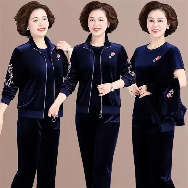 Women Spring Autumn Golden Velvet Set Casual Suit Embroidery Coat Straight Trousers 3-piece Sets