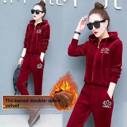 Women Thickened Embroidered Slimming Running Tracking Suit Velvet Fleece Lined Double