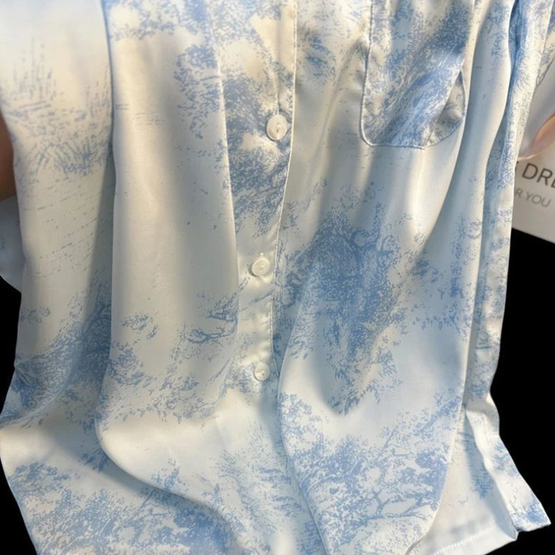 New Ice Silk Women Pajama Lapel Button Cardigan 2 Piece Set