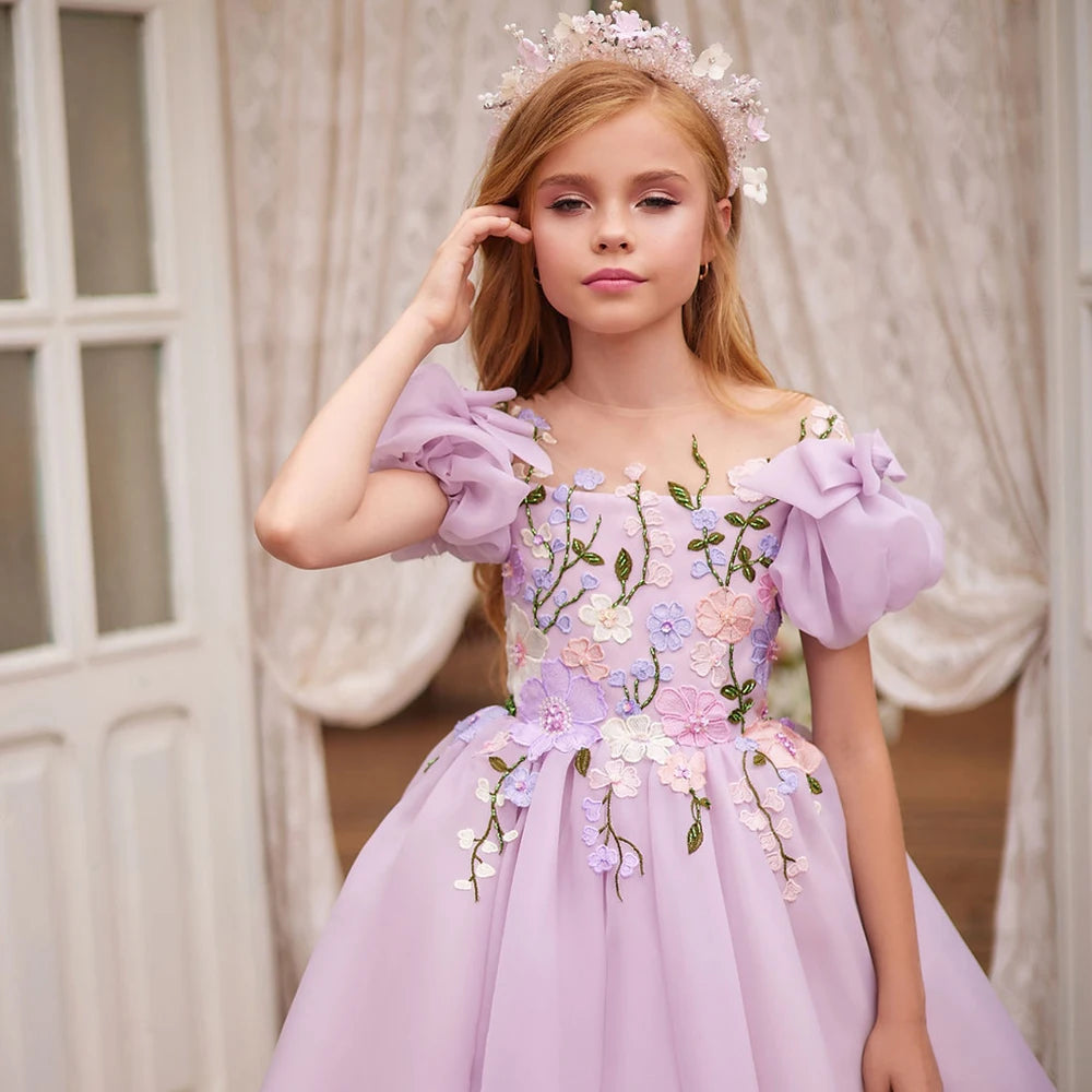 Flower Girl Dress Applique Short Sleeve Puffy Tulle With Bow Party Dress