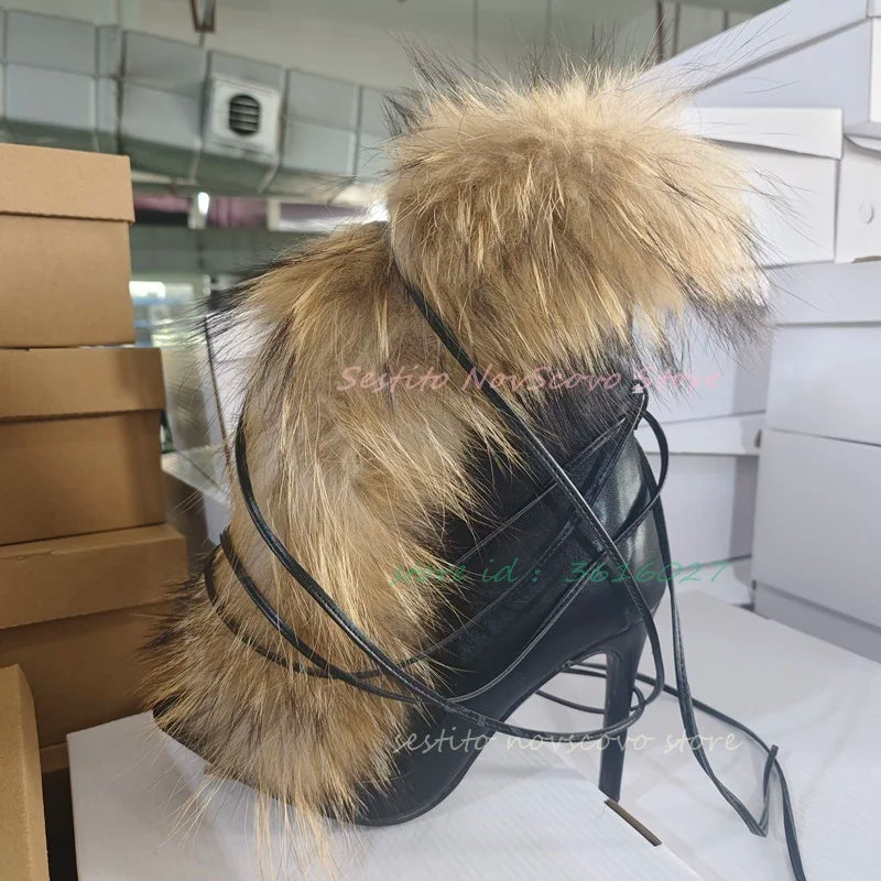 Pointed Toe Fur Mid Calf Boots Sexy Stiletto Heels Ankle Straps Fashion Warm Winter Plush