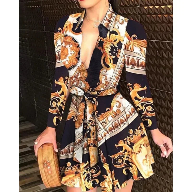 Elegant Casual Long Sleeved Dress With Buttons and Lapels