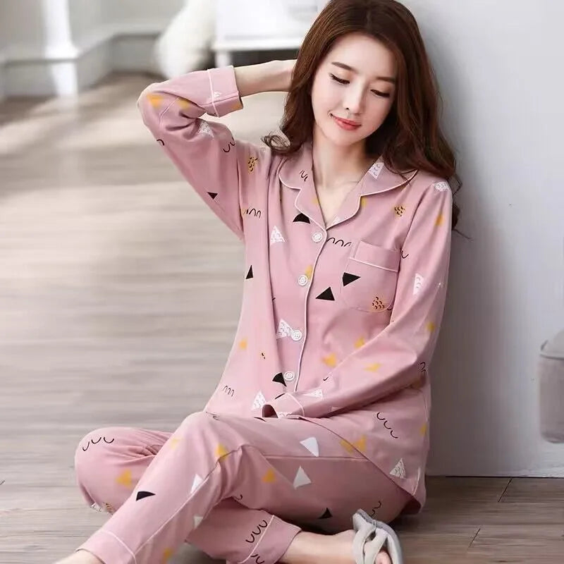 High Quality Large Size Women Cotton Pajamas Button down Tops and Trousers Set Sleepwear Homewear