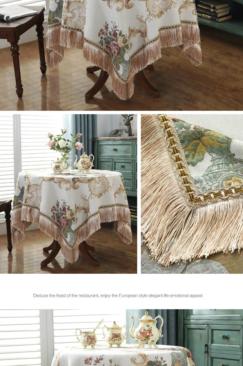 European Style Flower Tassel Tablecloth Thicken Chenille Rectangular Table Cover Round Dining Table Coffee Cloth Dust-proof