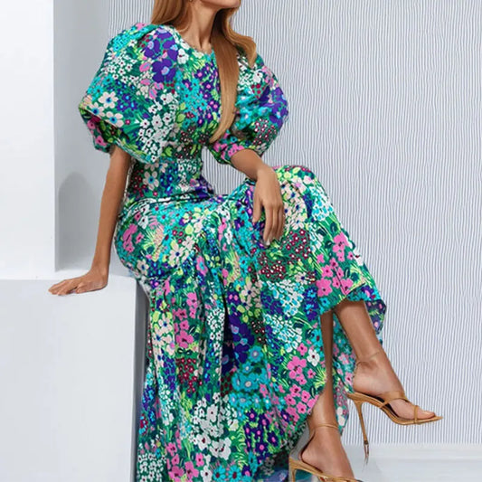 Elegant Blue Flower Print Lantern Sleeve Ankle Summer Fishtail Dress