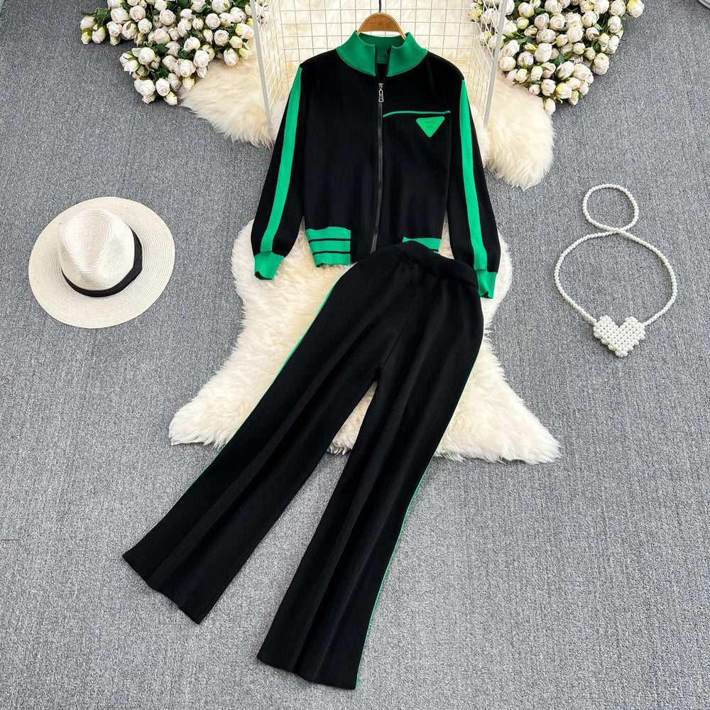 Fashionable Knitted Sportswear Set Open Cardigan & Wide Leg Pants Two Piece Set