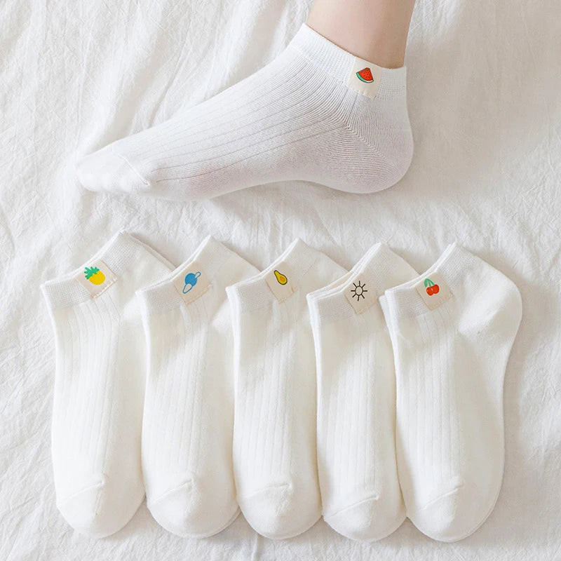 6 Pairs Women Cotton Breathable Short Socks Cartoon Fruit Sun Earth