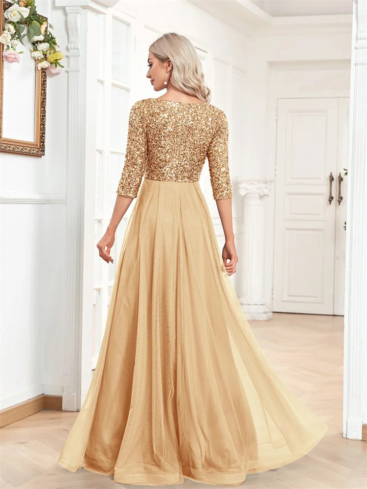 Luxury Floor Length V-Neck Evening Dress Party Maxi Dress Sequin Short Sleeves Prom Cocktail Gown