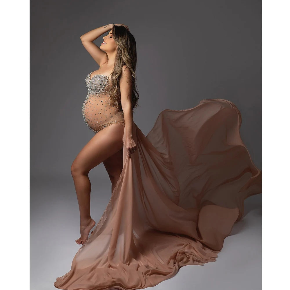 Luxurious Maternity Photography Sexy V Neck Rhinestones Pearls Stretch Jumpsuits Dress