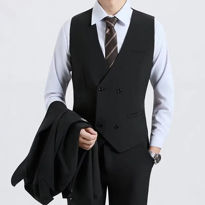 Spring and Autumn Men's Double-Breasted Suit Lapel Vest, British Retro Business Casual Solid Fit Fashion Trendy Blazer