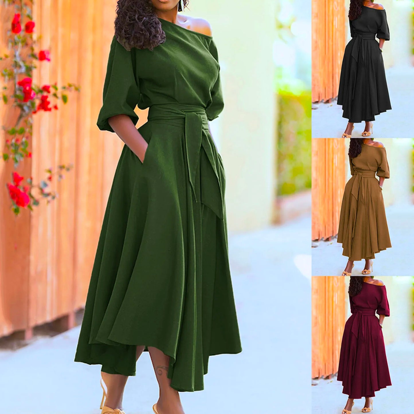 A-Line One Shoulder Women's Formal Dress With Belt Elegant Slim Solid
