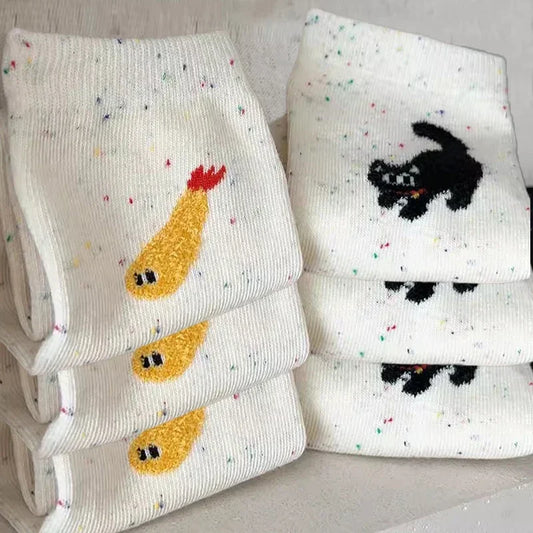 1/2pairs Cartoon Cat Fish Pattern Middle Tube Socks Soft Thermal Warm Crew Sock
