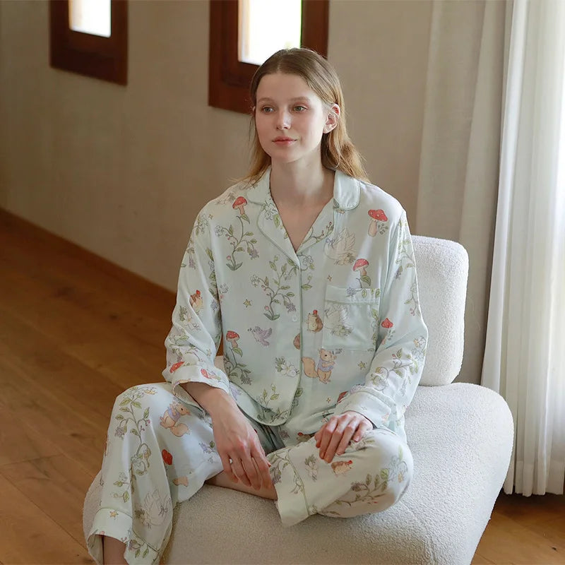 Bamboo Fiber Cotton Double-layer Gauze White Swan Cute Animal Print Long Sleeved Pajamas Set Clothes for Women