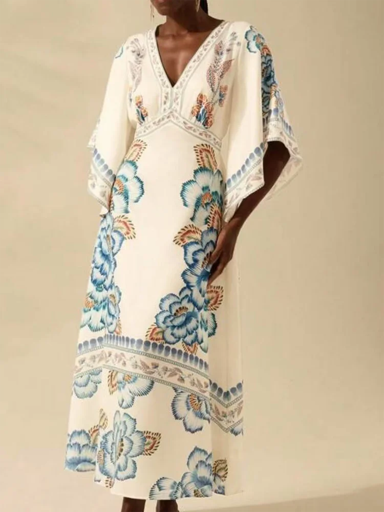 Women Summer Vintage Deep V Coconut Tree Print Flare Sleeve A-line Maxi Dress