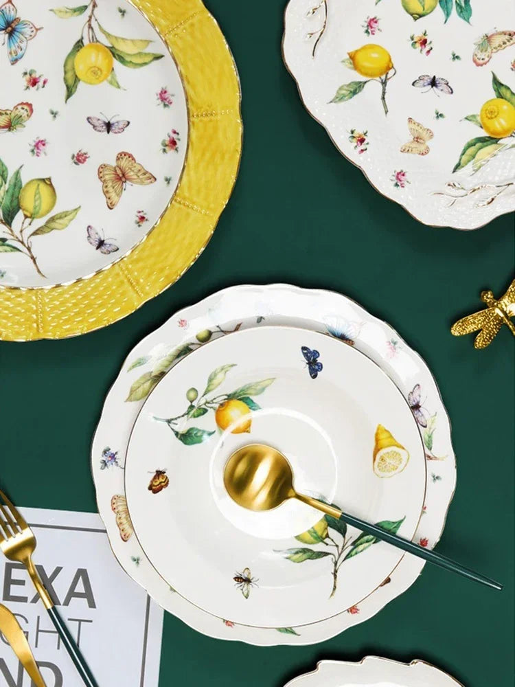 Europeanc Style Ceramic Dining Plate Elegant Lemon Pattern Dinner Steak Plate Coffee Cup Set Western Cuisine Dessert Plate