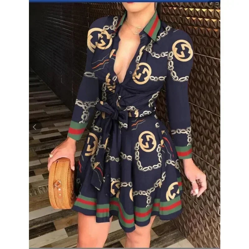 Elegant Casual Long Sleeved Dress With Buttons and Lapels