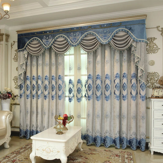 Blue Chenille European Embroidery Curtains Custom Size Retro Print Luxury Light Control for Living Room Bedroom Dining