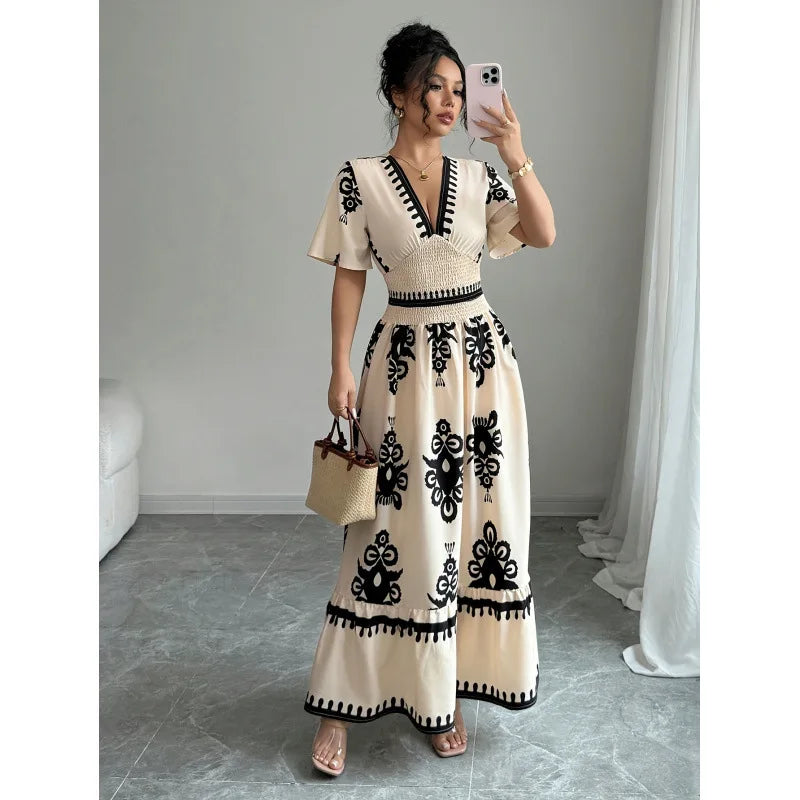 Women Summer Long Dress Vintage Print Maxi Gown V Neck Short Sleeve Tight Waist A Line