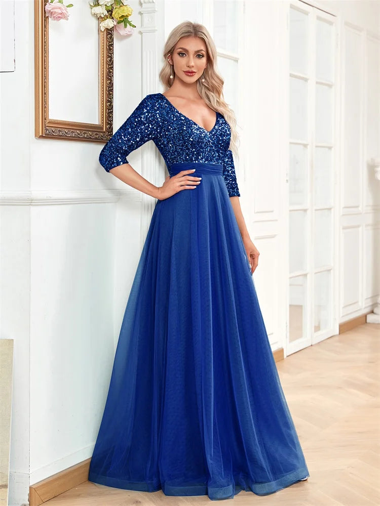 Luxury Floor Length V-Neck Evening Dress Party Maxi Dress Sequin Short Sleeves Prom Cocktail Gown